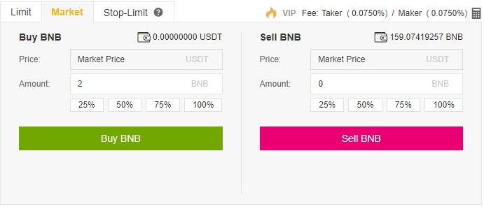 Sử dụng market order để mua BNB