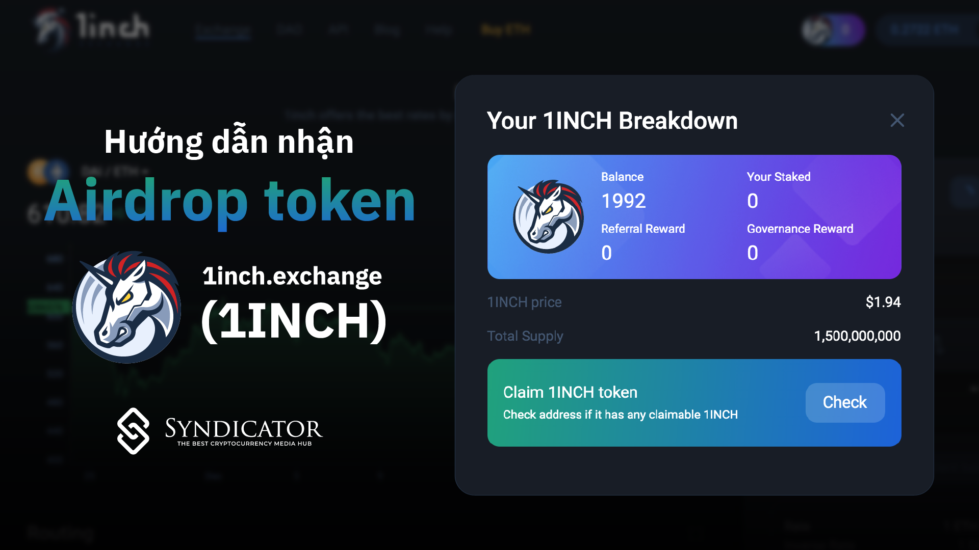 Hướng dẫn claim airdrop token 1inch - Syndicator